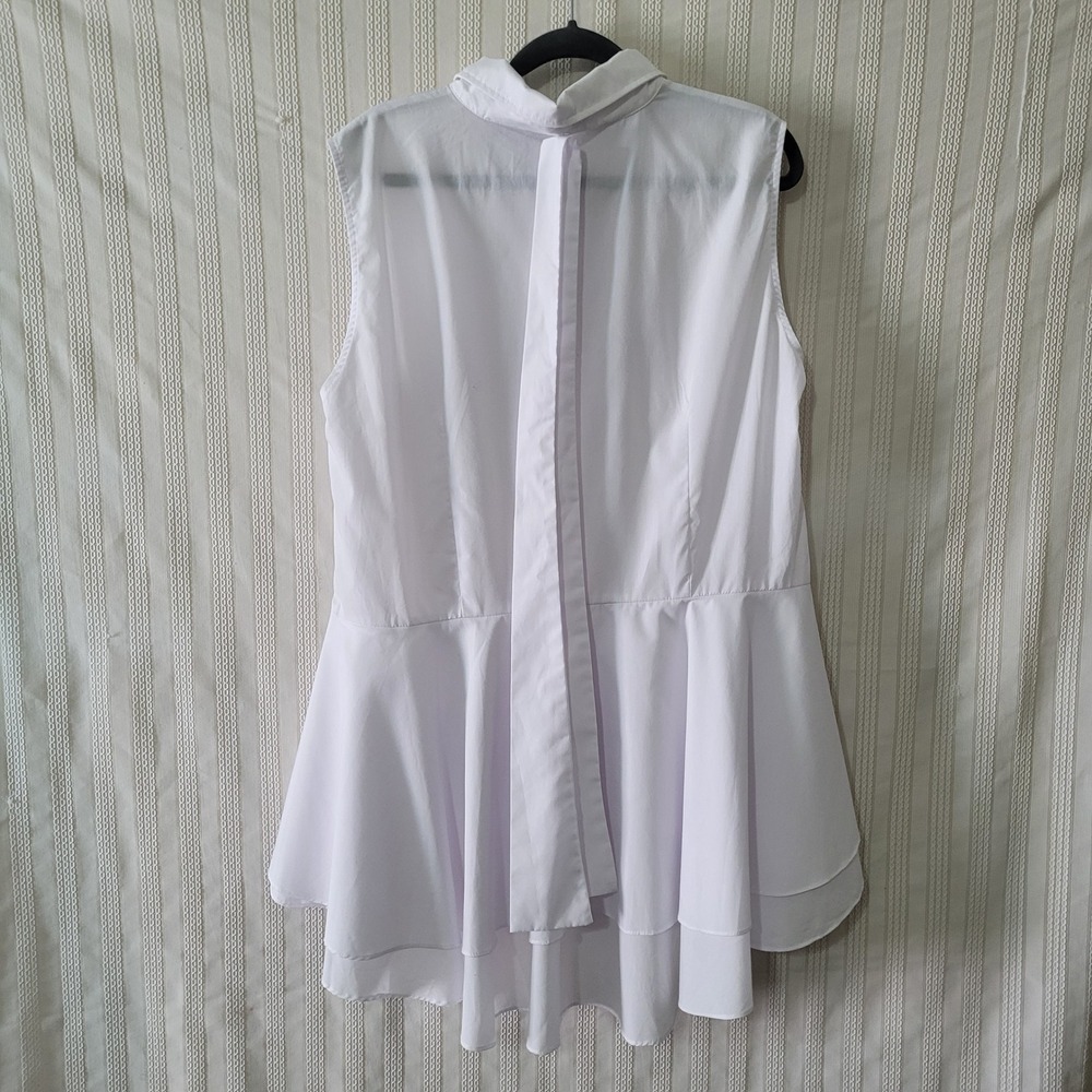 New York & Co Sleeveless Blouse XL White Bow Tie Neck Tiered Ruffle Peplum Hem - Picture 3 of 8